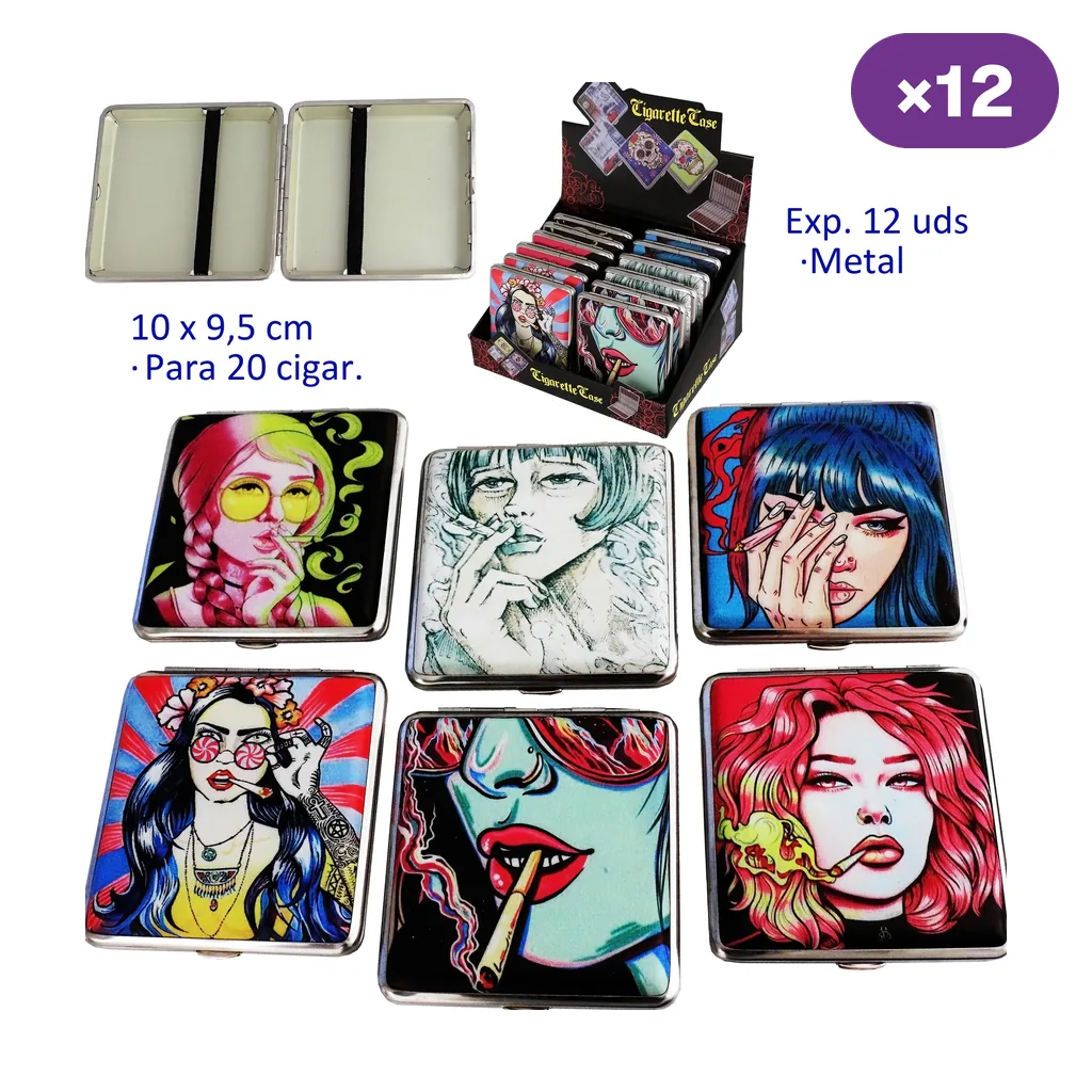 Selección de pitilleras metálicas con mujeres de estilo pop art, un modelo abierto con bandas interiores y un expositor rotulado para 12 unidades.