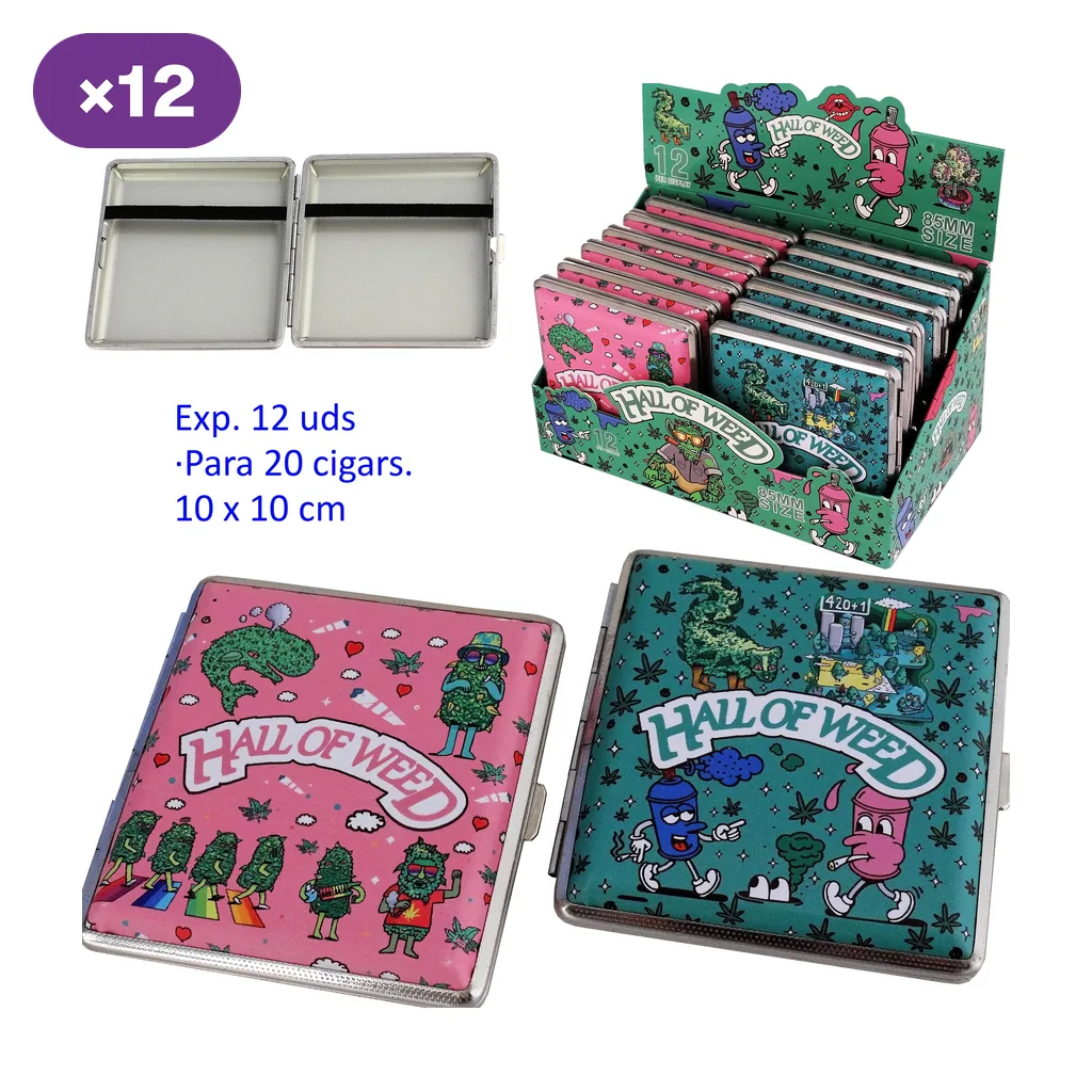Pitilleras Hall of Weed con diseños rosa y verde azulado, personajes y hojas de cannabis; se muestran abiertas, cerradas y en expositor.