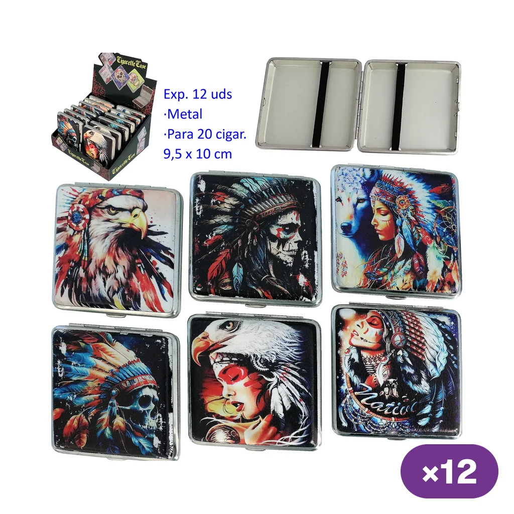 Selección de pitilleras con diseños de águilas, calaveras y figuras con tocados de plumas, junto a una vista abierta con bandas interiores.