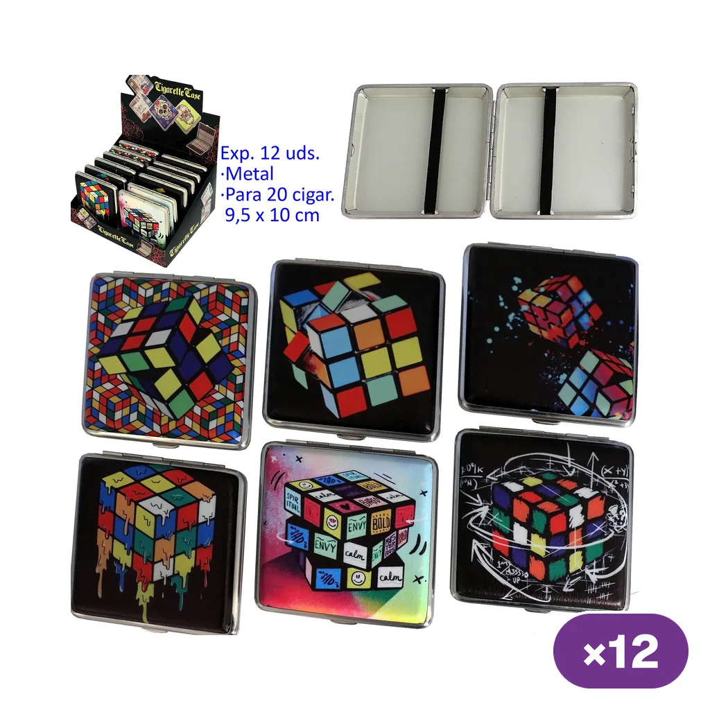 Selección de pitilleras con distintos diseños de cubos multicolores, expositor y una abierta que muestra las bandas negras interiores.