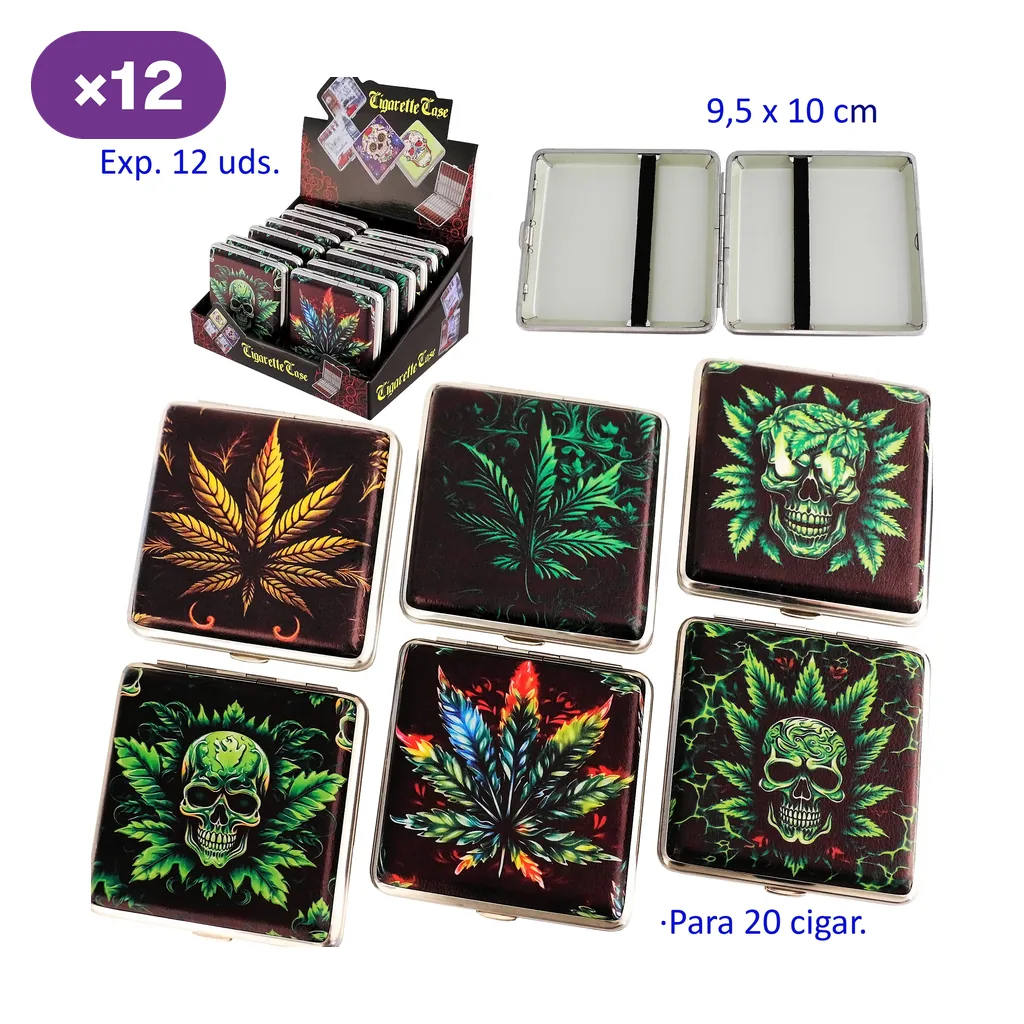 Selección de pitilleras con diseños de hojas y calaveras, junto a un expositor y vistas del interior con bandas negras de sujeción.