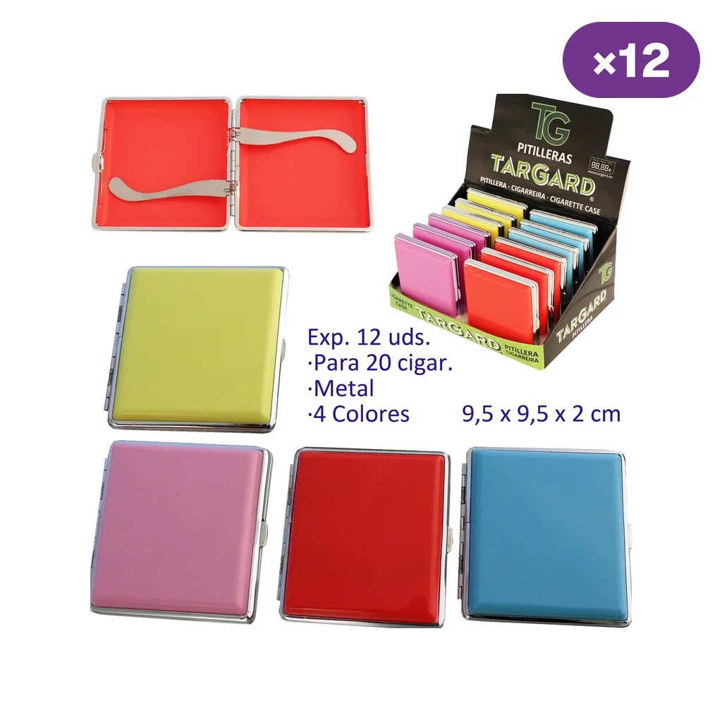 Selección de pitilleras TG con bordes metálicos en amarillo, rosa, rojo y azul; una abierta muestra el interior rojo y las sujeciones.
