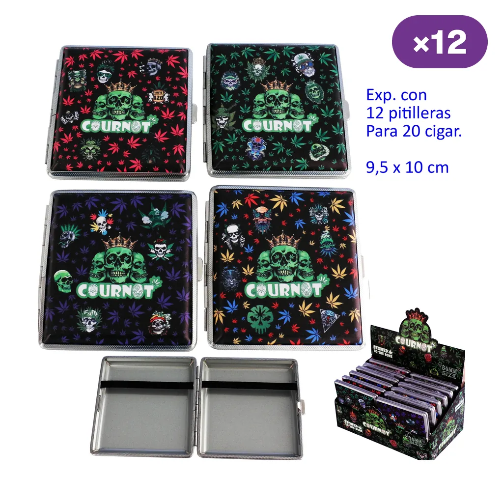 Pitilleras Cournot con distintos diseños de calaveras y hojas de colores, una abierta con bandas interiores y un expositor marcado ×12.