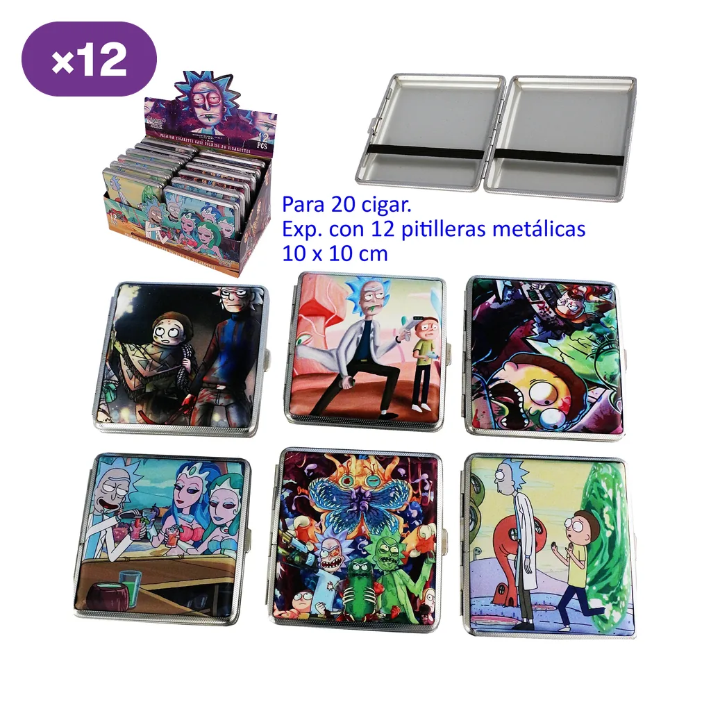 Selección de pitilleras metálicas con distintos dibujos de Rick y Morty, un estuche abierto y un expositor con varias unidades.