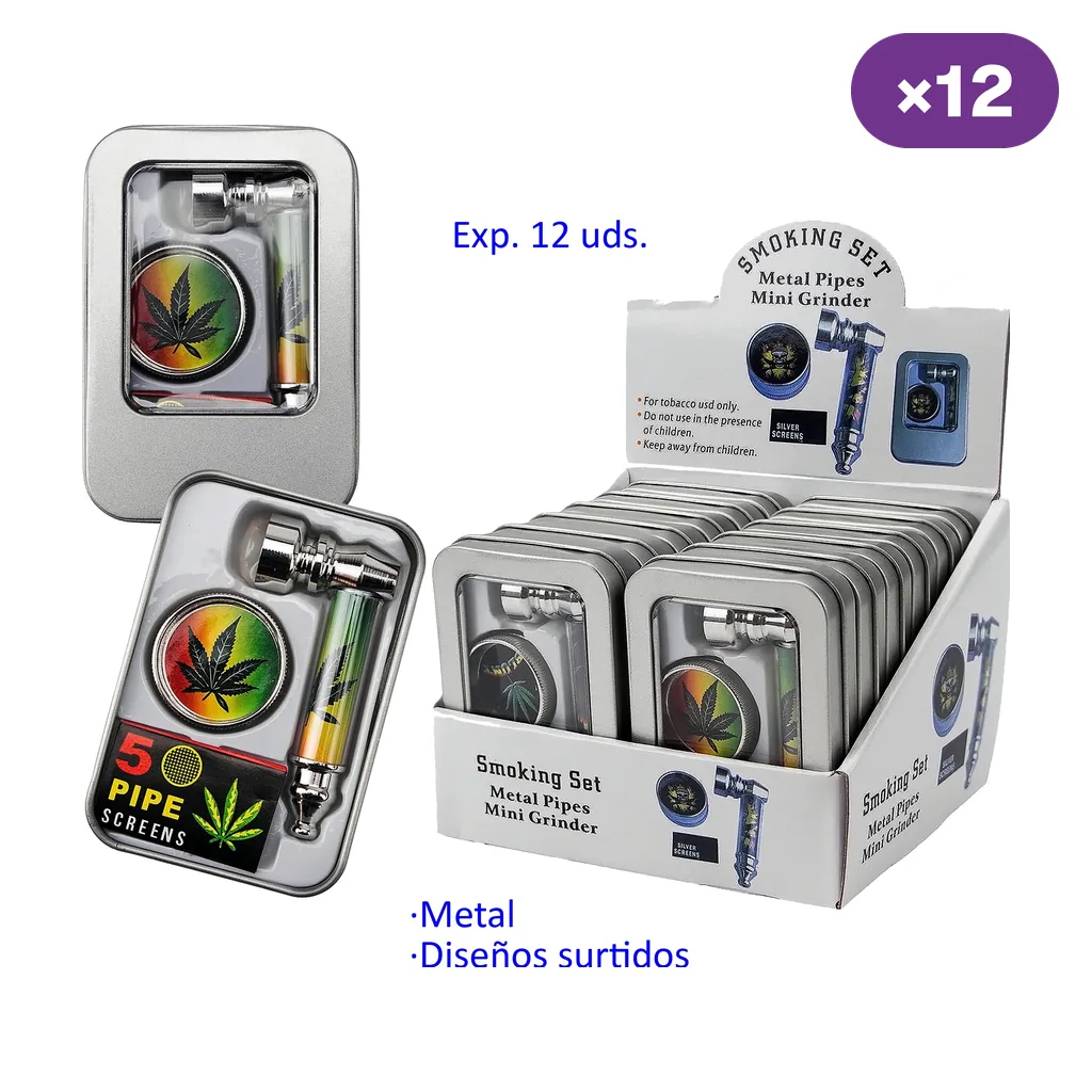 Expositor de 12 estuches de sets de pipa metálica, mini grinder y rejillas, con dos estuches delante y motivos de hojas de cannabis.