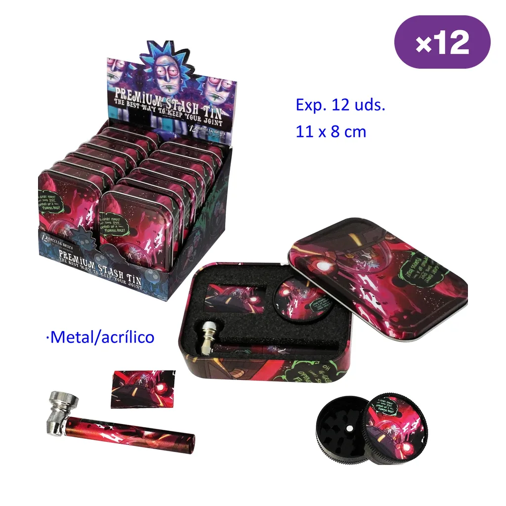 Expositor Premium Stash Tin con varias latas ilustradas, una lata abierta con accesorios y vistas de la pipa y el grinder; distintivo ×12. Expositor Premium Stash Tin con varias latas ilustradas, una lata abierta con accesorios y vistas de la pipa y el grinder; distintivo ×12.