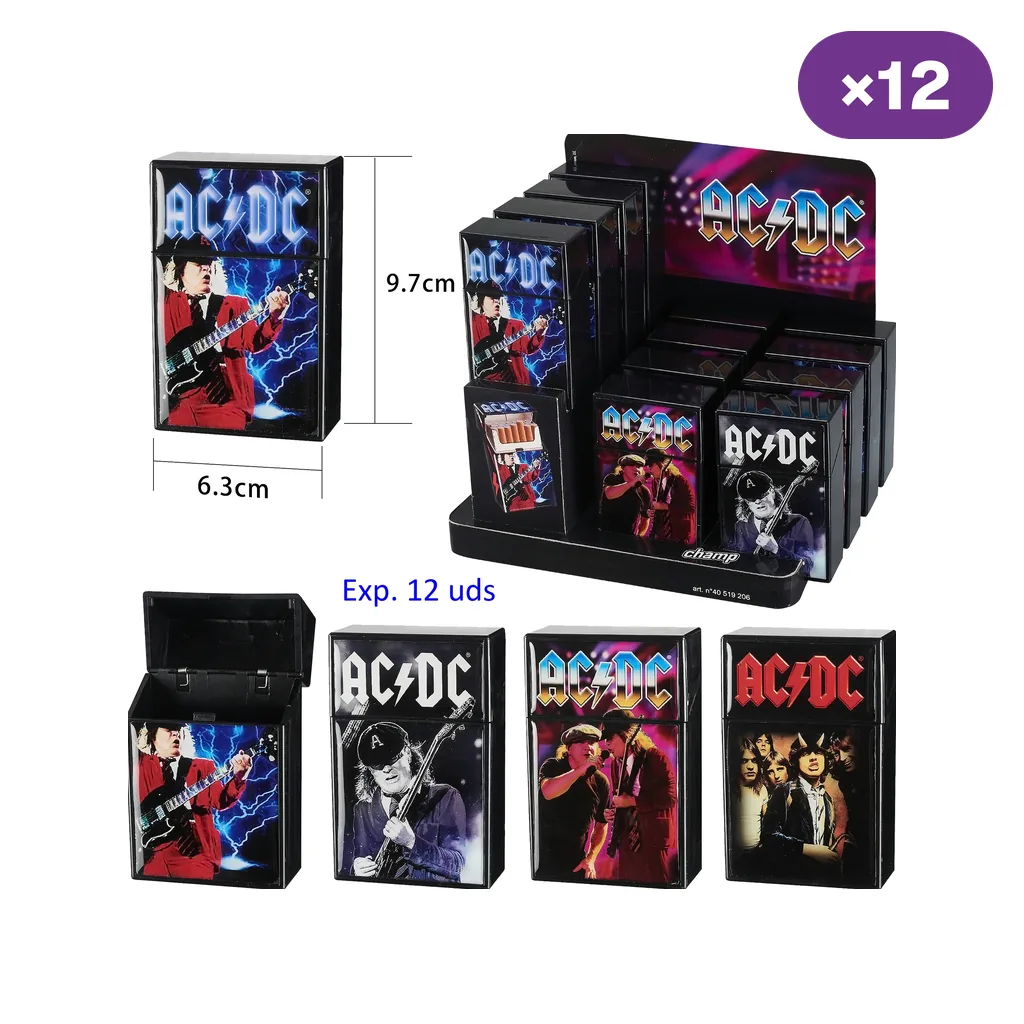 Selección de tabaqueras AC/DC negras con distintos diseños de músicos y logotipos, una abierta y un expositor rotulado con 12 unidades.