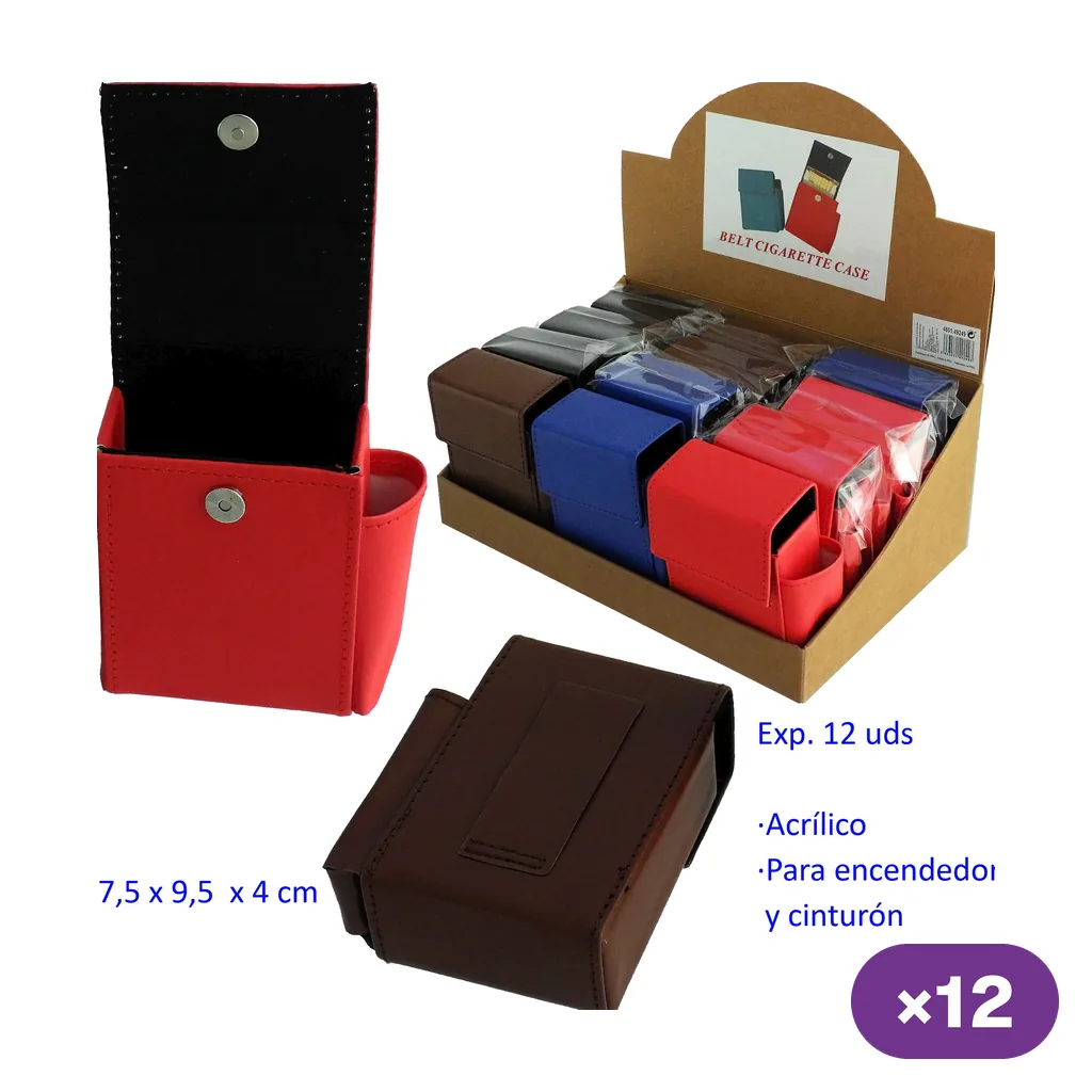 Tabaqueras lisas de varios colores en expositor, con una roja abierta que muestra el cierre y una marrón vista por la trabilla.