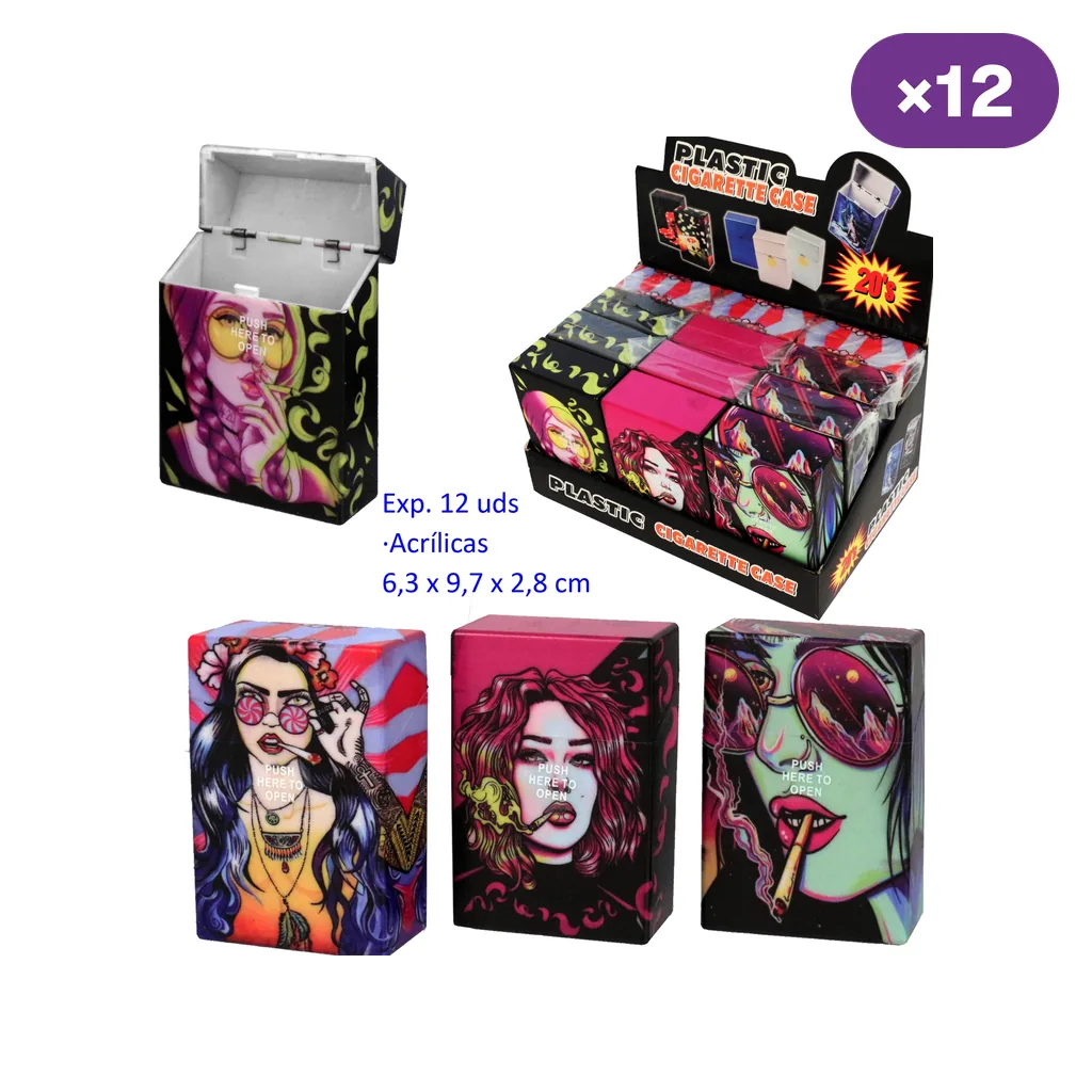 Tabaqueras con ilustraciones de chicas de estilo pop art en varios diseños, una abierta y un expositor con la indicación de 12 unidades.