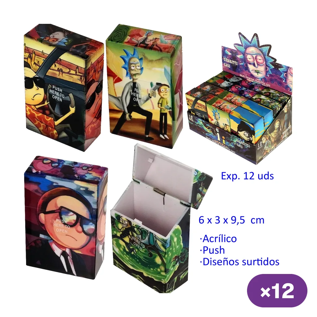 Tabaqueras con distintos diseños de Rick y Morty, vistas cerradas y abierta con tapa abatible, junto a un expositor.