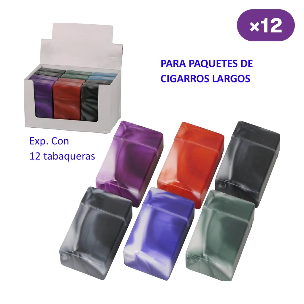 Tabaqueras Cool en varios colores junto a una caja expositora; el texto indica 12 unidades y uso para paquetes de cigarros largos.