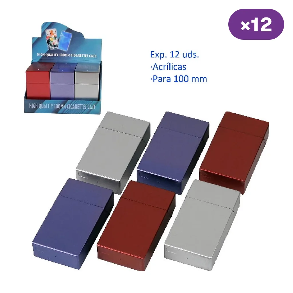 Tabaqueras Cool cerradas en colores plateado, morado y rojo, junto a un expositor; texto para 100 mm y distintivo de doce unidades.