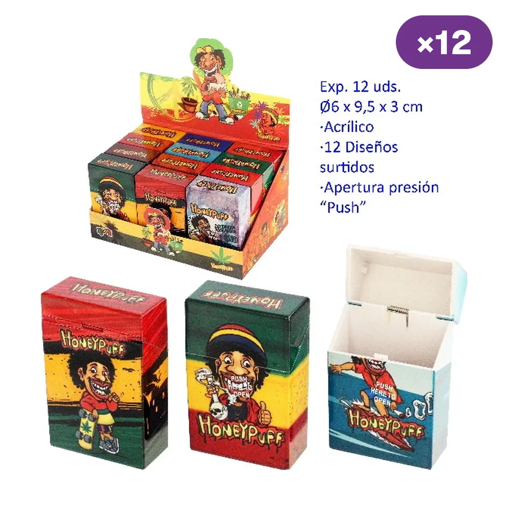 Selección de tabaqueras Honey Puff con distintos diseños multicolores, una abierta y un expositor rotulado con 12 unidades.