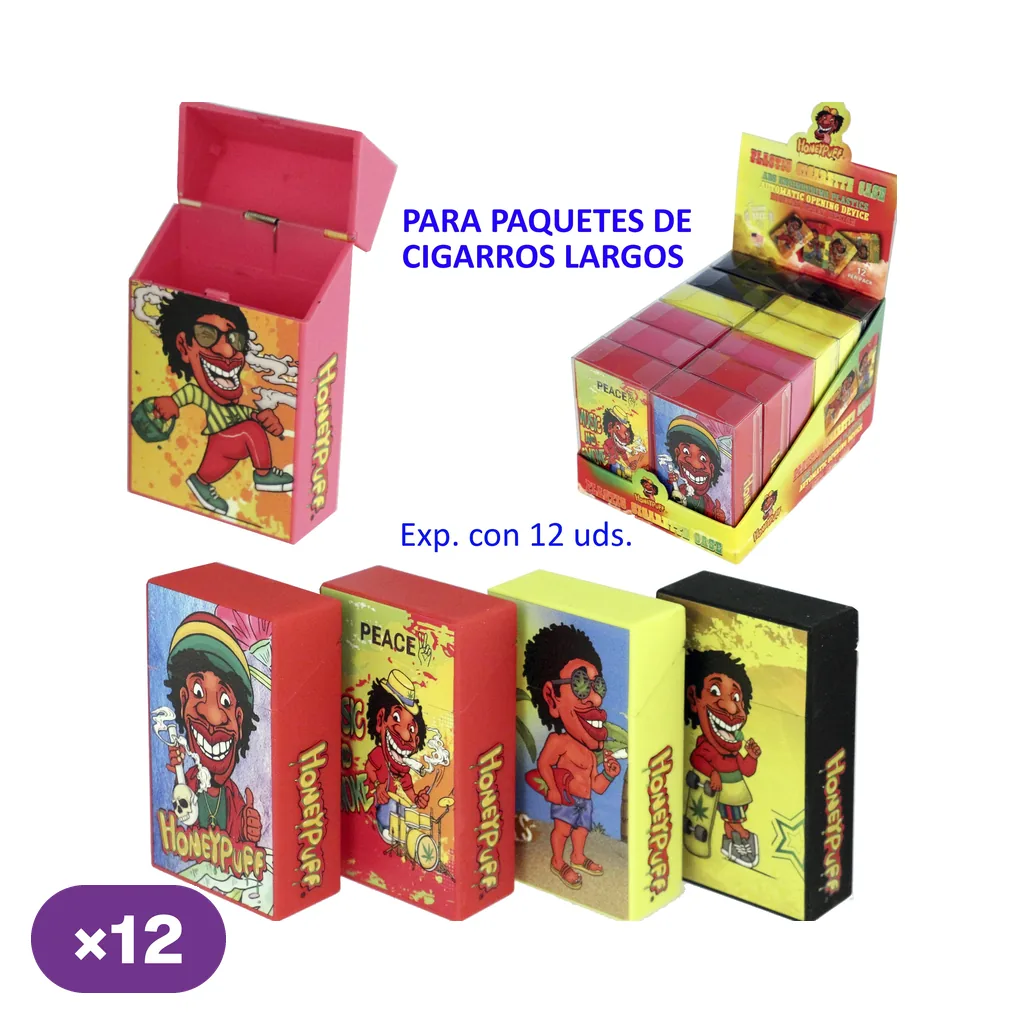 Tabaqueras Honey Puff para paquetes largos, con caricaturas y colores surtidos; una abierta y otras cerradas junto al expositor de 12.