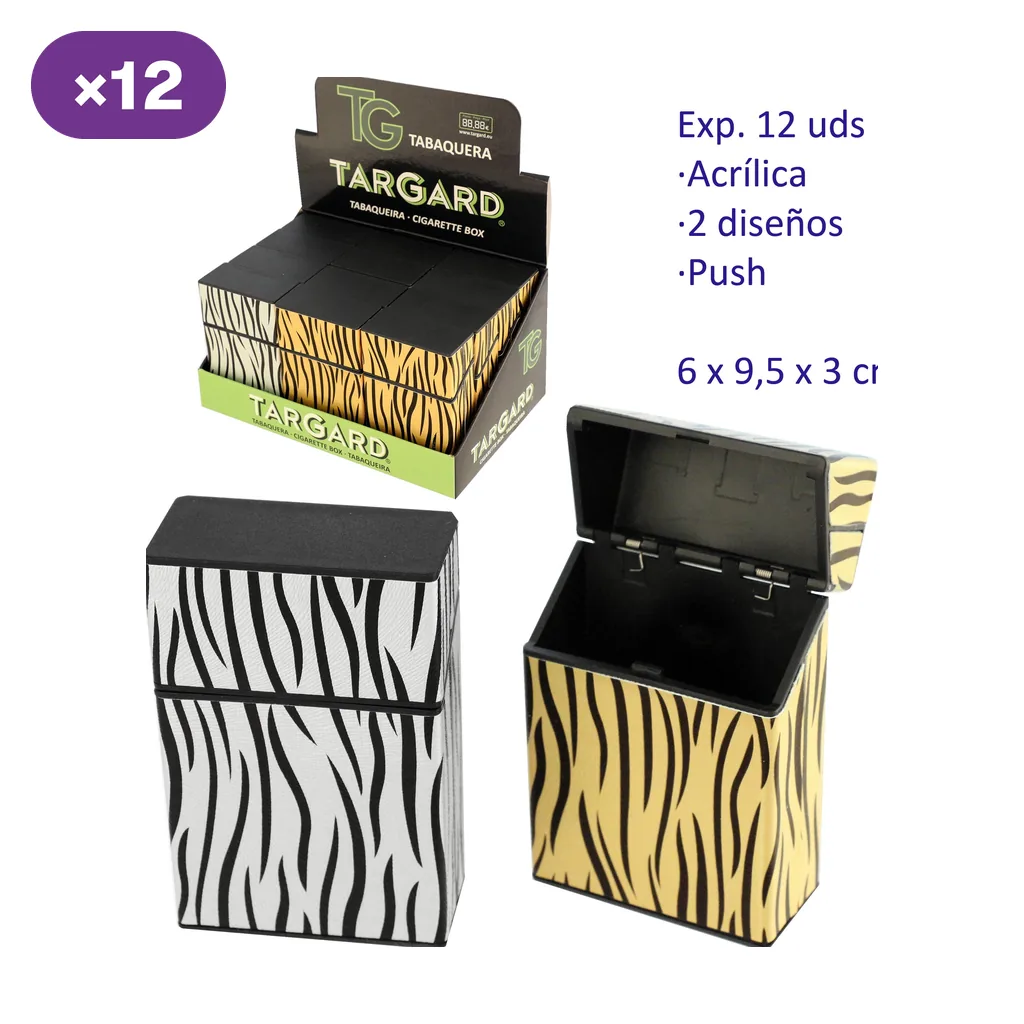 Tabaqueras TG con diseños de cebra y tigre: modelo cerrado y modelo con tapa abierta, junto a un expositor rotulado con 12 unidades.
