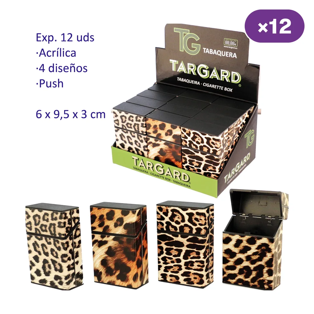Selección de tabaqueras TG con distintos estampados de leopardo, en expositor y por separado, con una abierta que muestra el interior negro.