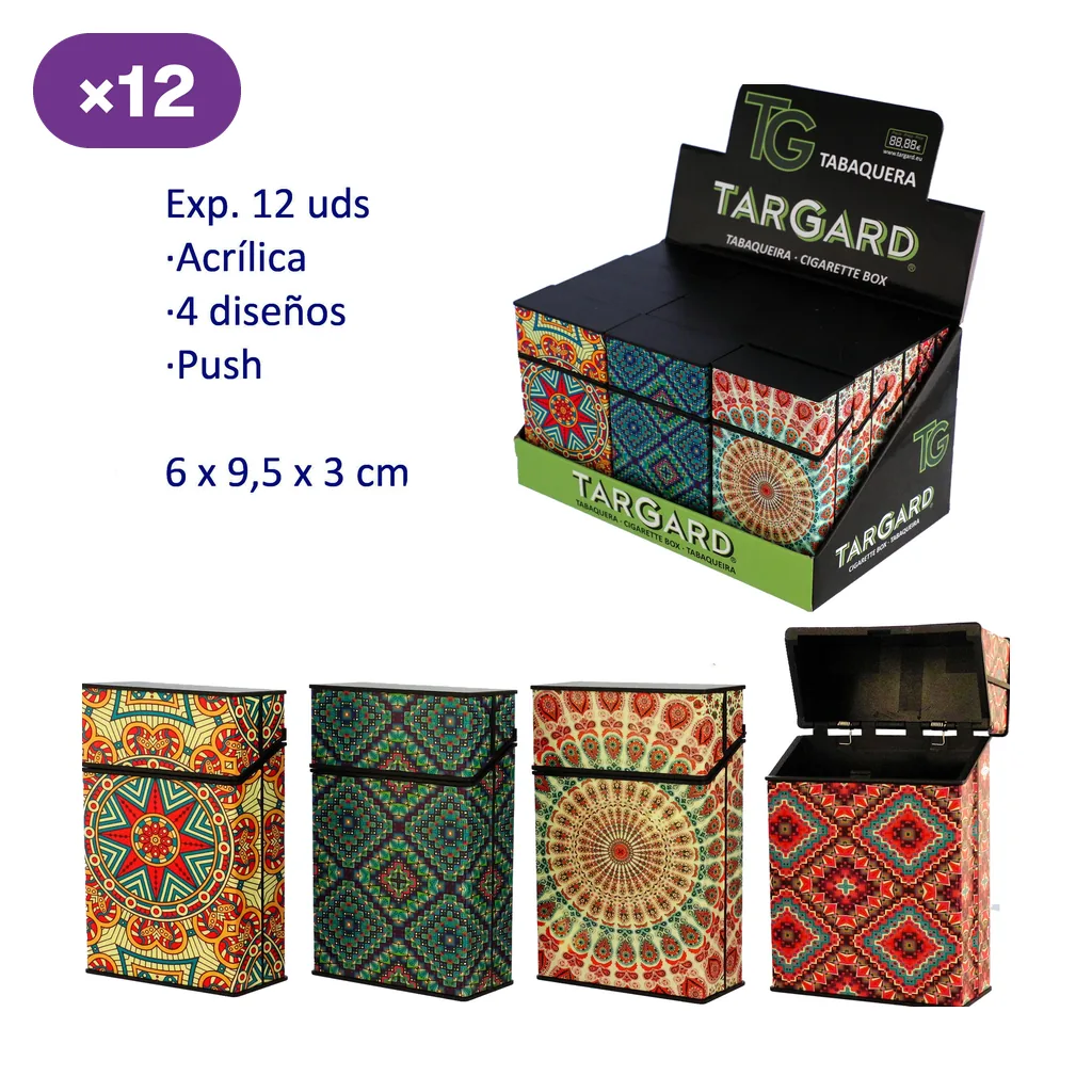 Selección de tabaqueras TG con cuatro diseños de mandalas multicolores, una abierta y un expositor con indicación de 12 unidades. Selección de tabaqueras TG con cuatro diseños de mandalas multicolores, una abierta y un expositor con indicación de 12 unidades.
