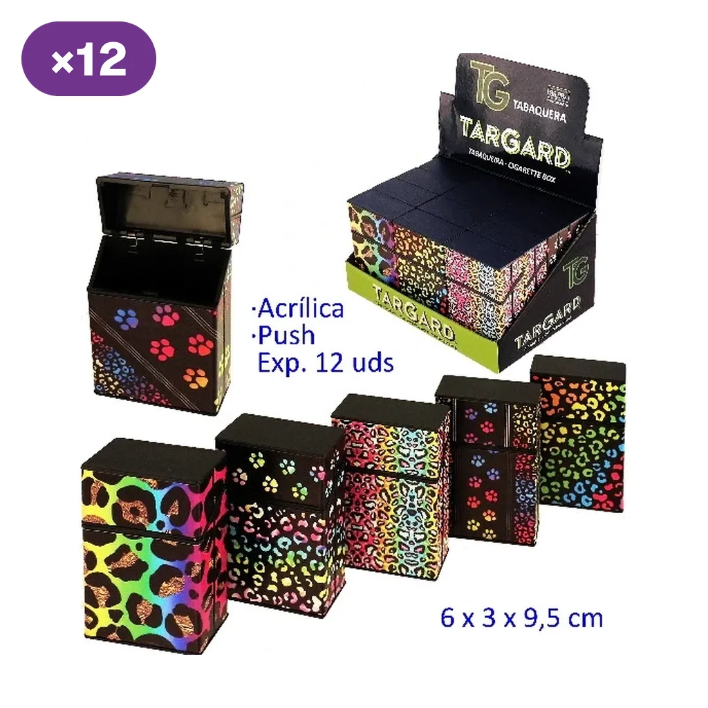Selección de tabaqueras TG negras con huellas y estampados multicolores, una abierta y un expositor con indicación de 12 unidades. Selección de tabaqueras TG negras con huellas y estampados multicolores, una abierta y un expositor con indicación de 12 unidades.