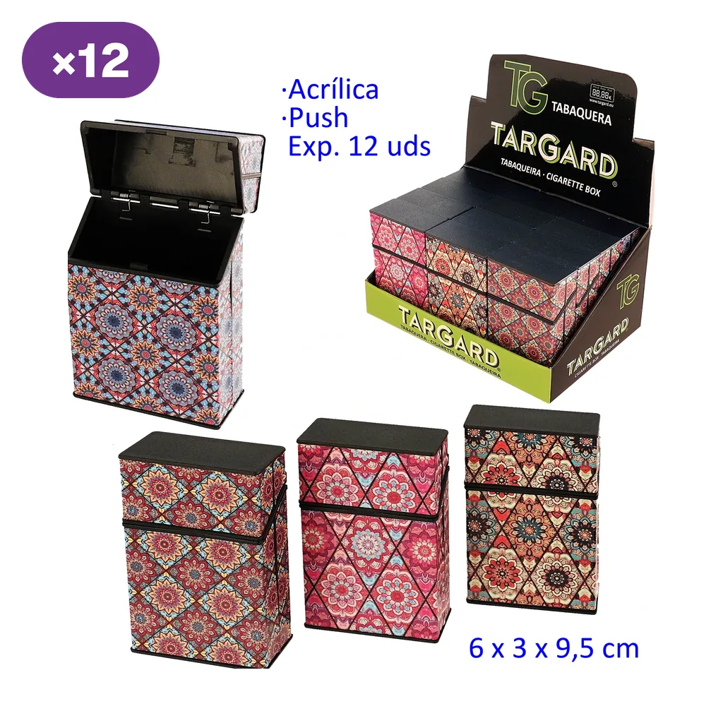 Tabaqueras TG con motivos de azulejos multicolores, una abierta y tres cerradas, junto a un expositor marcado para 12 unidades. Tabaqueras TG con motivos de azulejos multicolores, una abierta y tres cerradas, junto a un expositor marcado para 12 unidades.