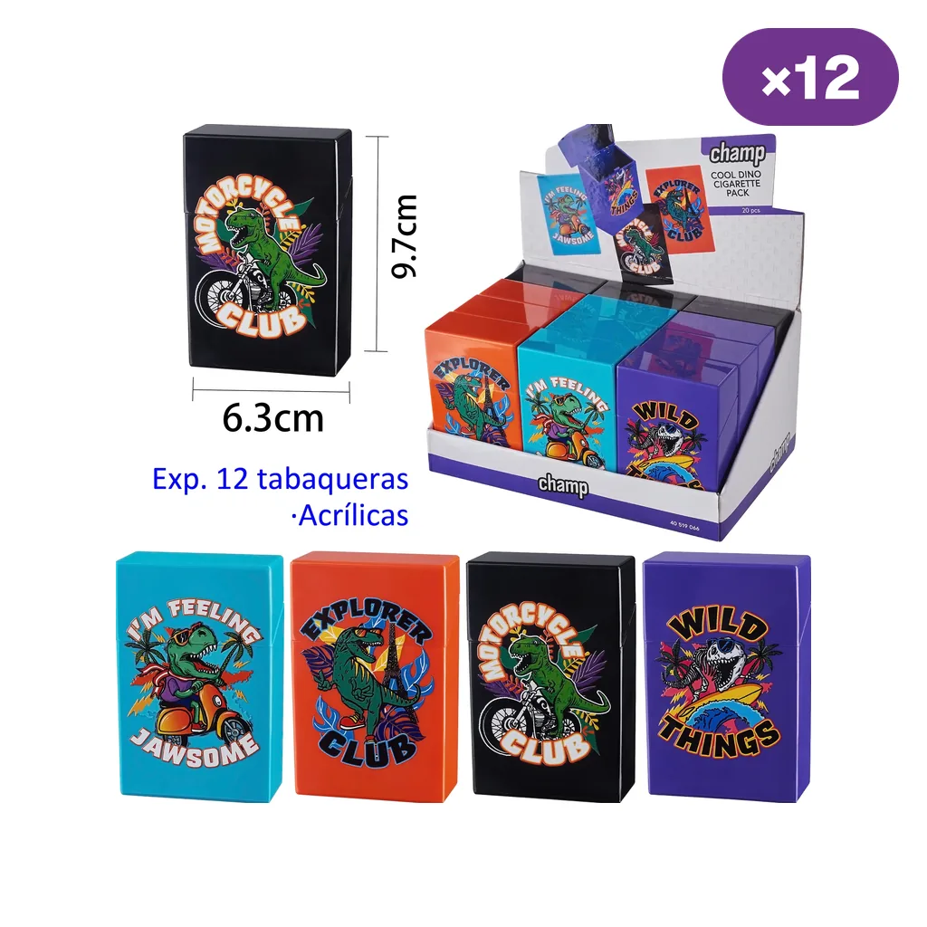 Selección de tabaqueras Champ High Dino en turquesa, naranja, negro y morado, decoradas con dinosaurios y mostradas junto a un expositor.