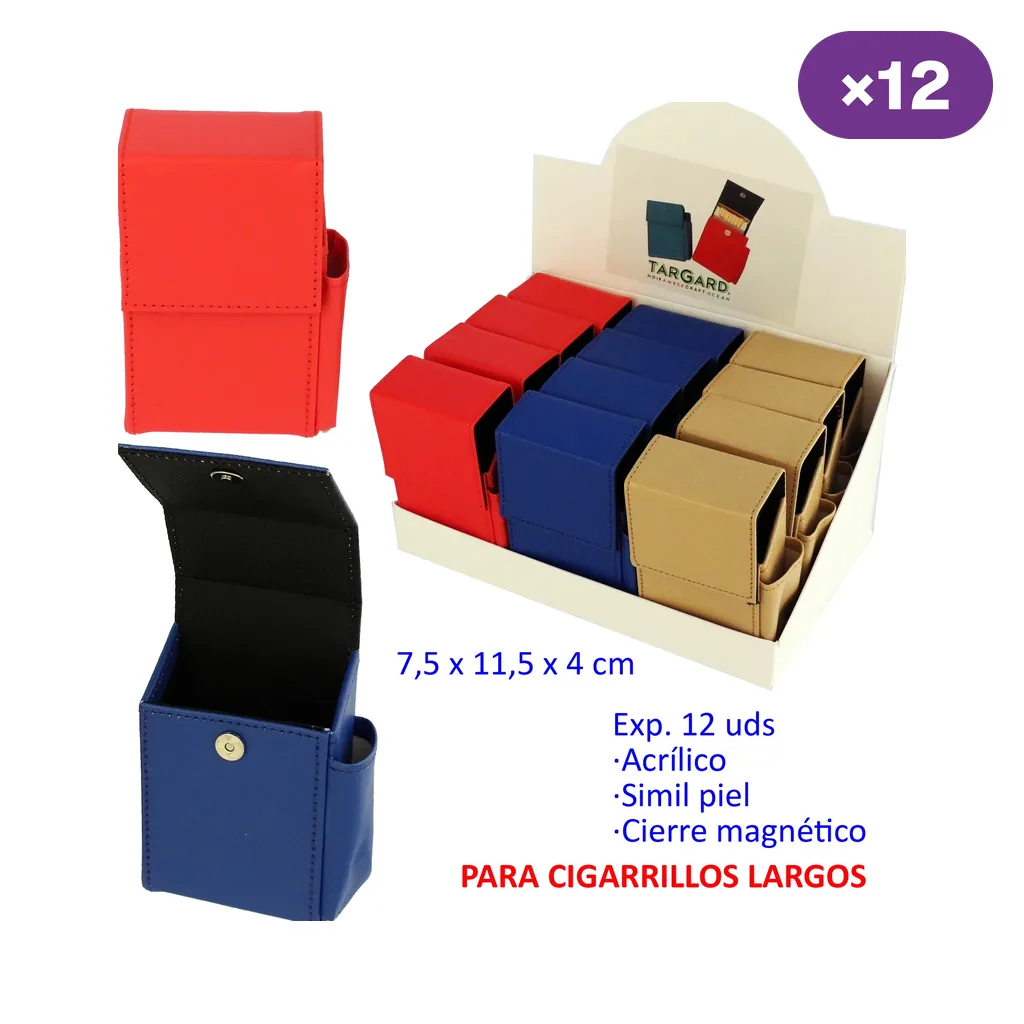Estuches rojos, azules y beige con solapa y bolsillo lateral en expositor; detalles de un modelo cerrado y otro abierto con cierre magnético.