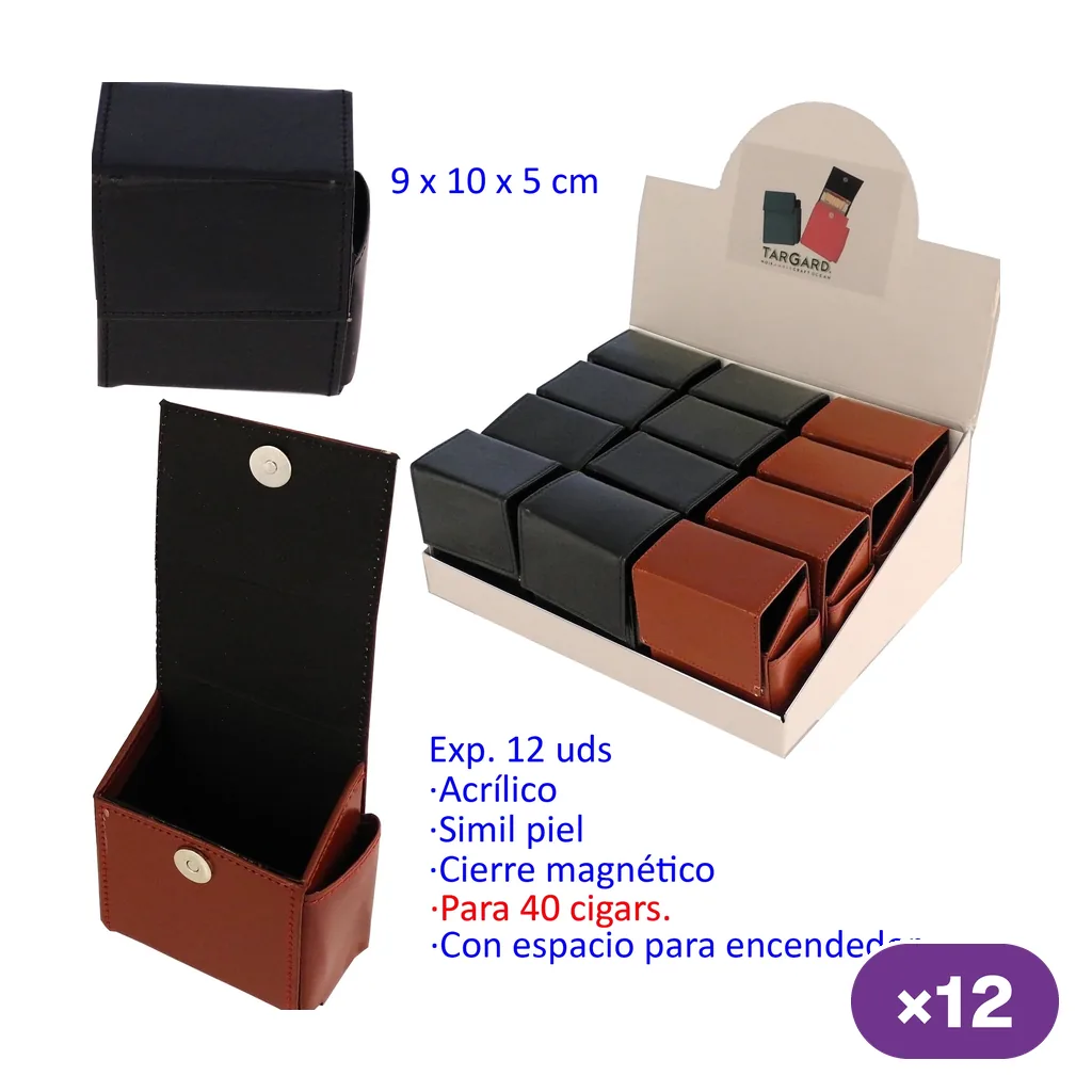 Selección de tabaqueras negras y marrones en expositor de 12, con vistas de una cerrada y otra abierta con cierre magnético.