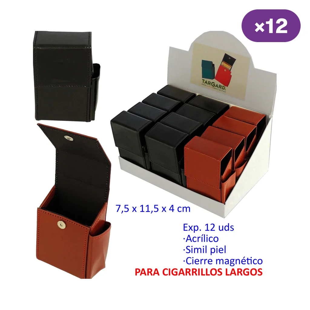 Tabaqueras de símil piel negras y marrones en expositor, con vistas abierta y cerrada y bolsillo lateral.