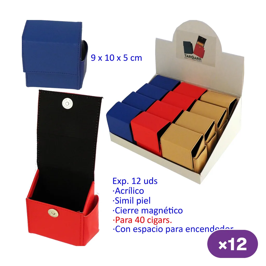 Tabaqueras azules, rojas y camel en expositor de 12 unidades, con detalles de una azul cerrada y una roja abierta con cierre magnético.