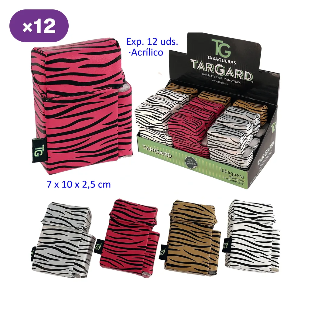 Selección de tabaqueras TG con rayas de cebra en rosa, gris, marrón y blanco, con vistas individuales y un expositor rotulado para 12 unidades.