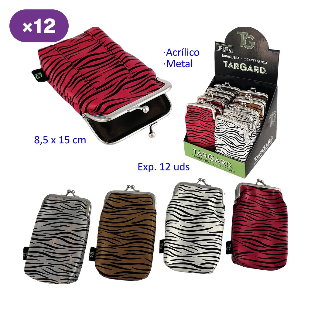 Selección de tabaqueras TG con estampado de cebra en distintos colores, cierre metálico y expositor; una aparece abierta. Selección de tabaqueras TG con estampado de cebra en distintos colores, cierre metálico y expositor; una aparece abierta.