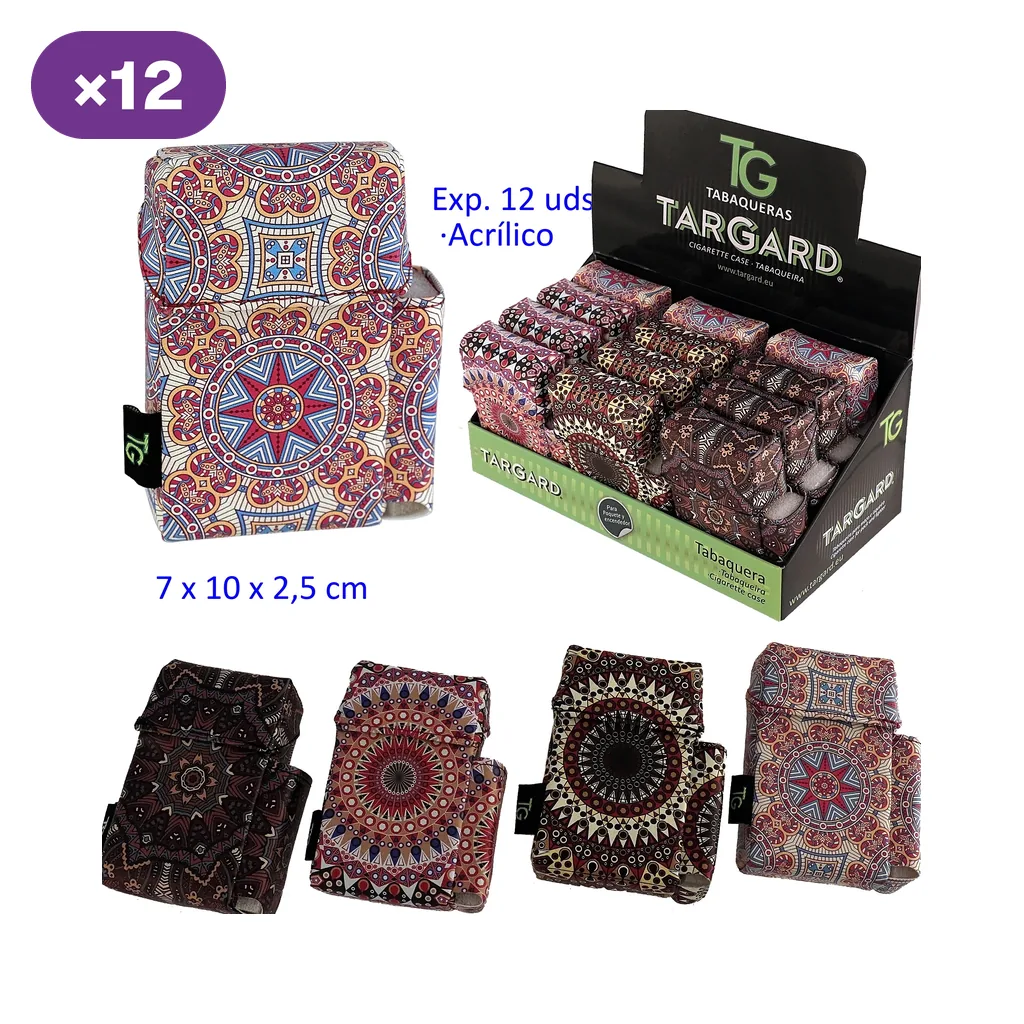 Selección de tabaqueras TG con estampados de mandalas multicolores, mostradas por separado y en un expositor de mostrador. Selección de tabaqueras TG con estampados de mandalas multicolores, mostradas por separado y en un expositor de mostrador.
