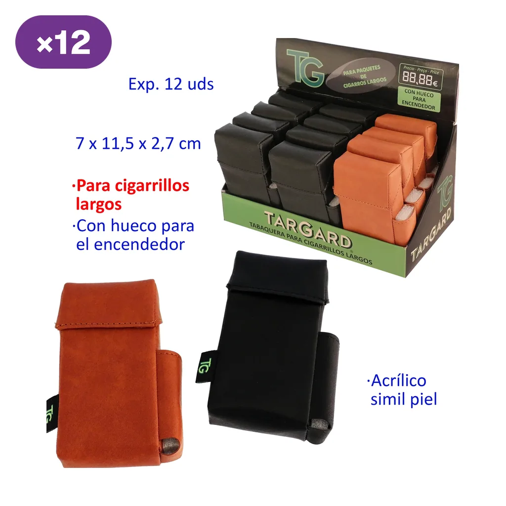 Tabaqueras TG negras y marrones con solapa y compartimento lateral para encendedor, junto a su expositor.