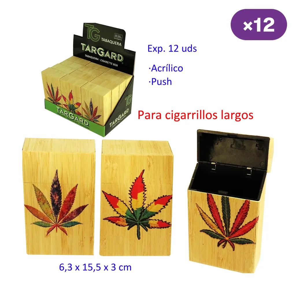 Selección de tabaqueras TG con acabado visual de madera y hojas multicolor, dos cerradas y una abierta, junto al expositor de 12 unidades.