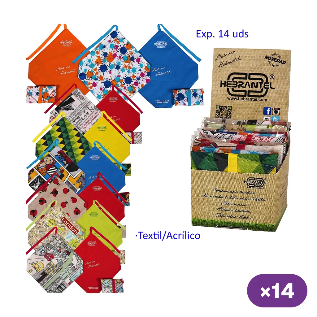 Selección de manteles para liar Hebrantel en colores lisos y estampados, junto a un expositor rotulado con 14 unidades.