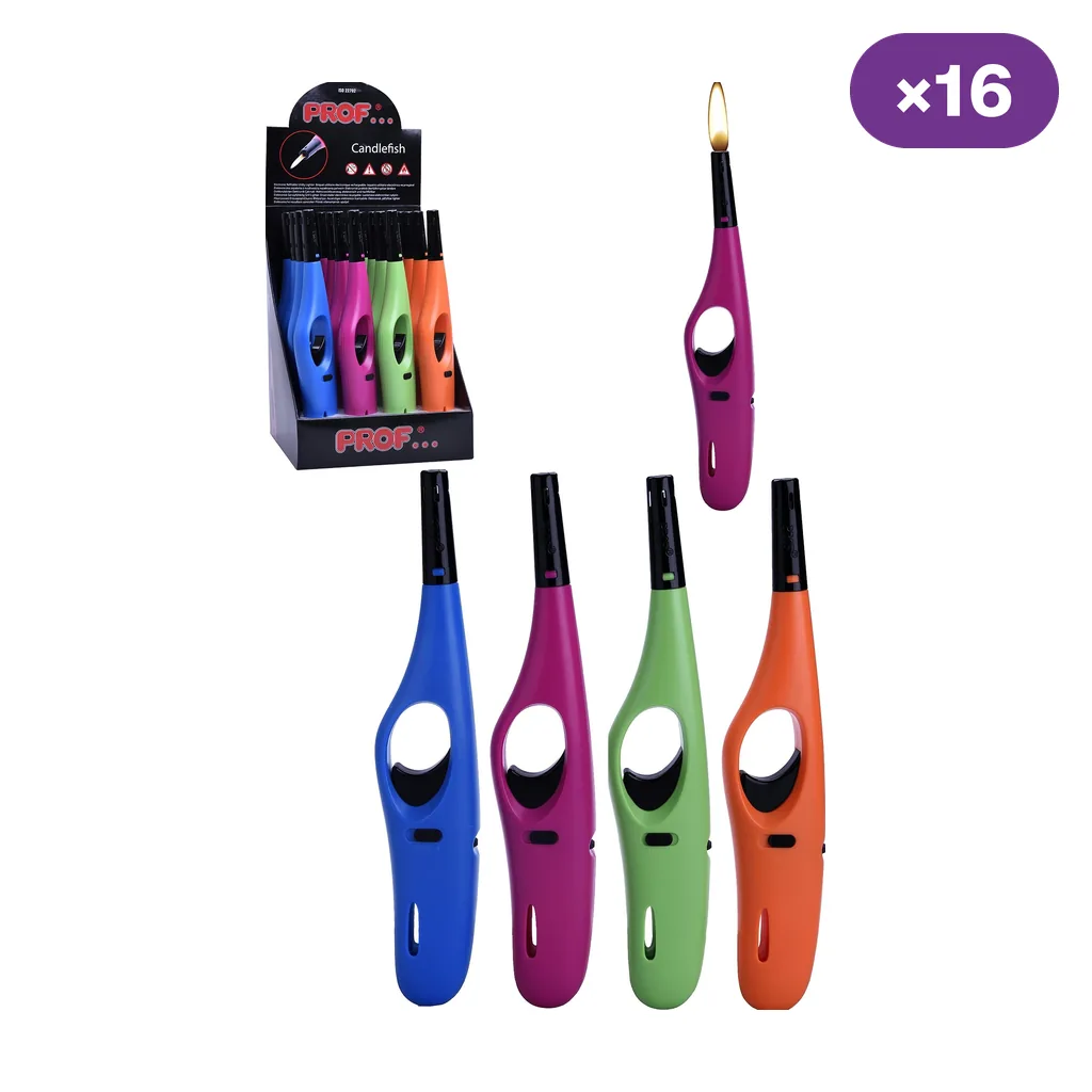 Encendedores Prof alargados en azul, fucsia, verde y naranja, con expositor y un modelo fucsia que muestra una llama.