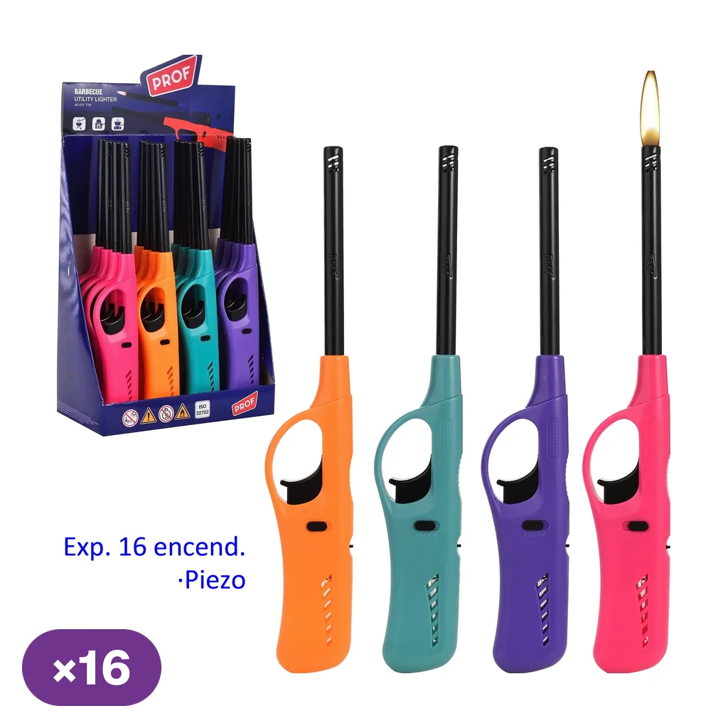 Encendedores piezo Prof con asa en naranja, turquesa, morado y rosa, junto a su expositor; uno aparece con llama.