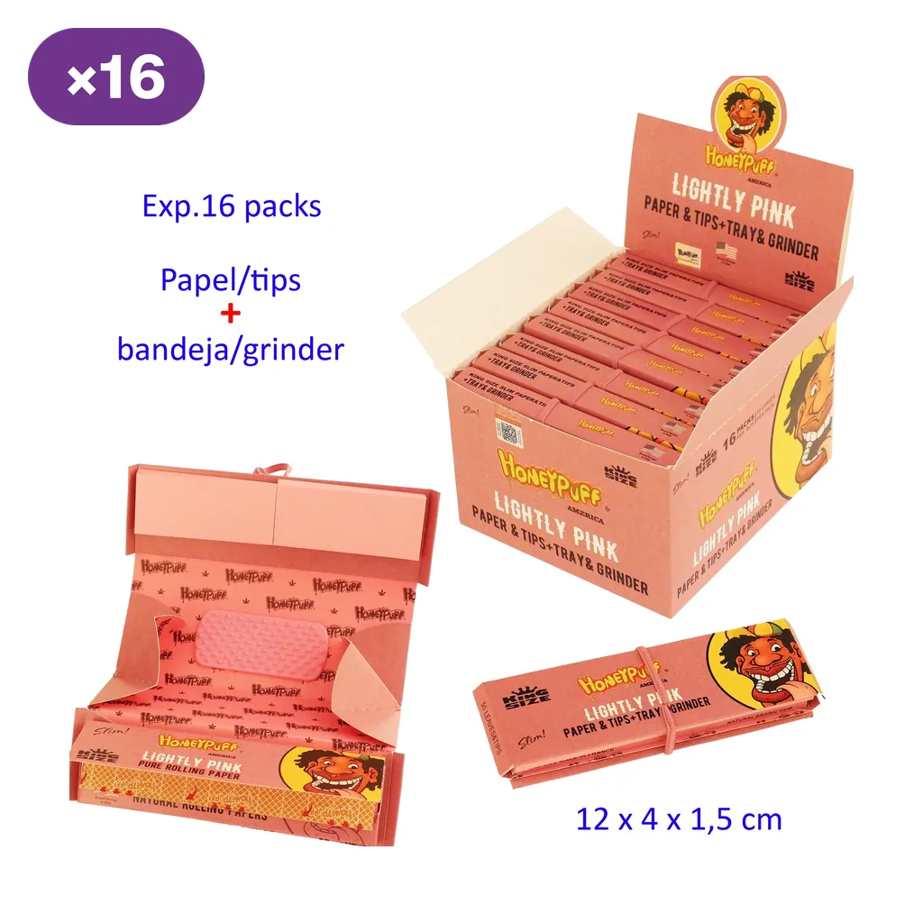 Expositor HoneyPuff Lightly Pink rotulado con 16 packs, junto a vistas abierta y cerrada del estuche rosa con papel, tips, bandeja y grinder. Expositor HoneyPuff Lightly Pink rotulado con 16 packs, junto a vistas abierta y cerrada del estuche rosa con papel, tips, bandeja y grinder.