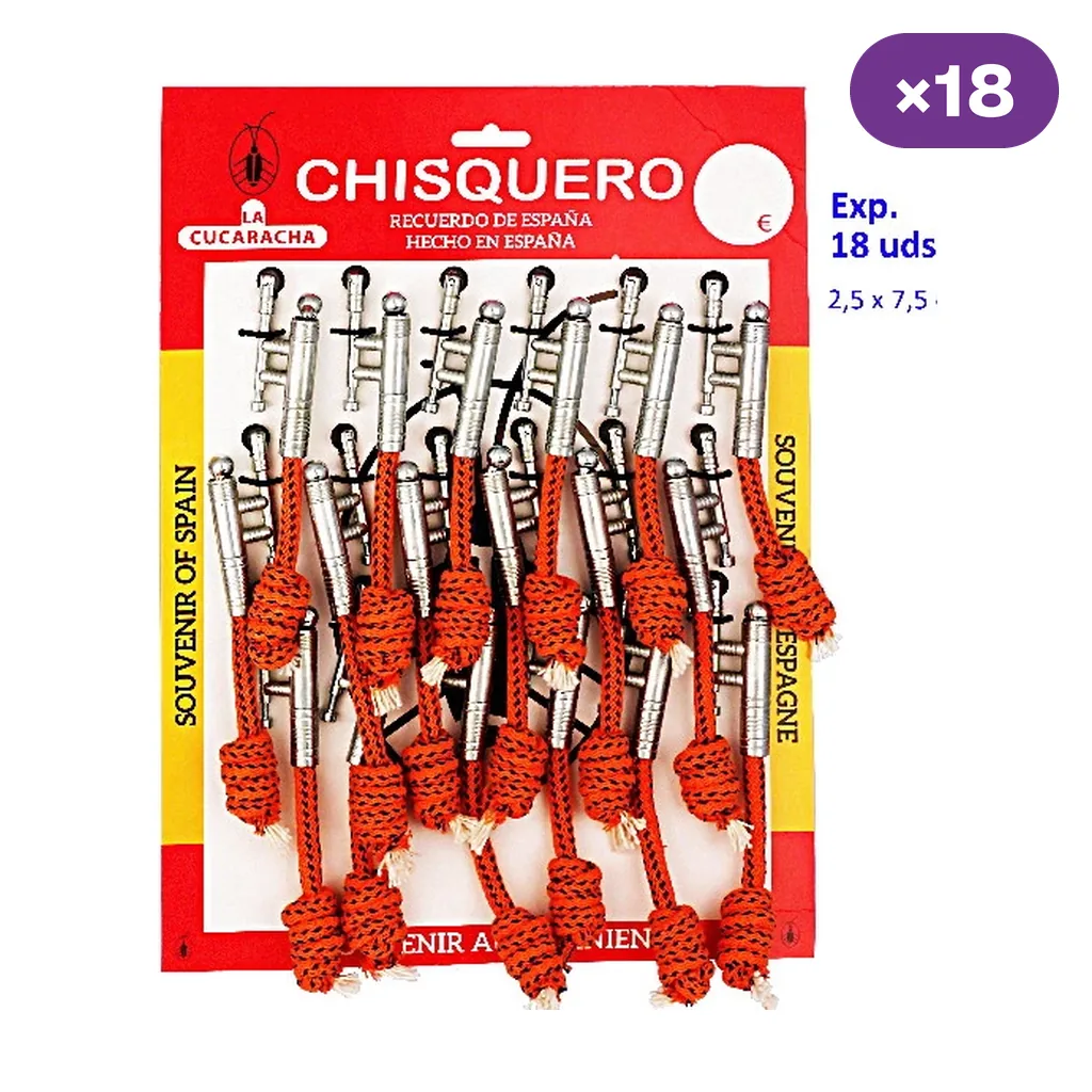 Expositor rojo y amarillo de chisqueros con cuerpo plateado y mechas rojas trenzadas; el rótulo indica 18 unidades.