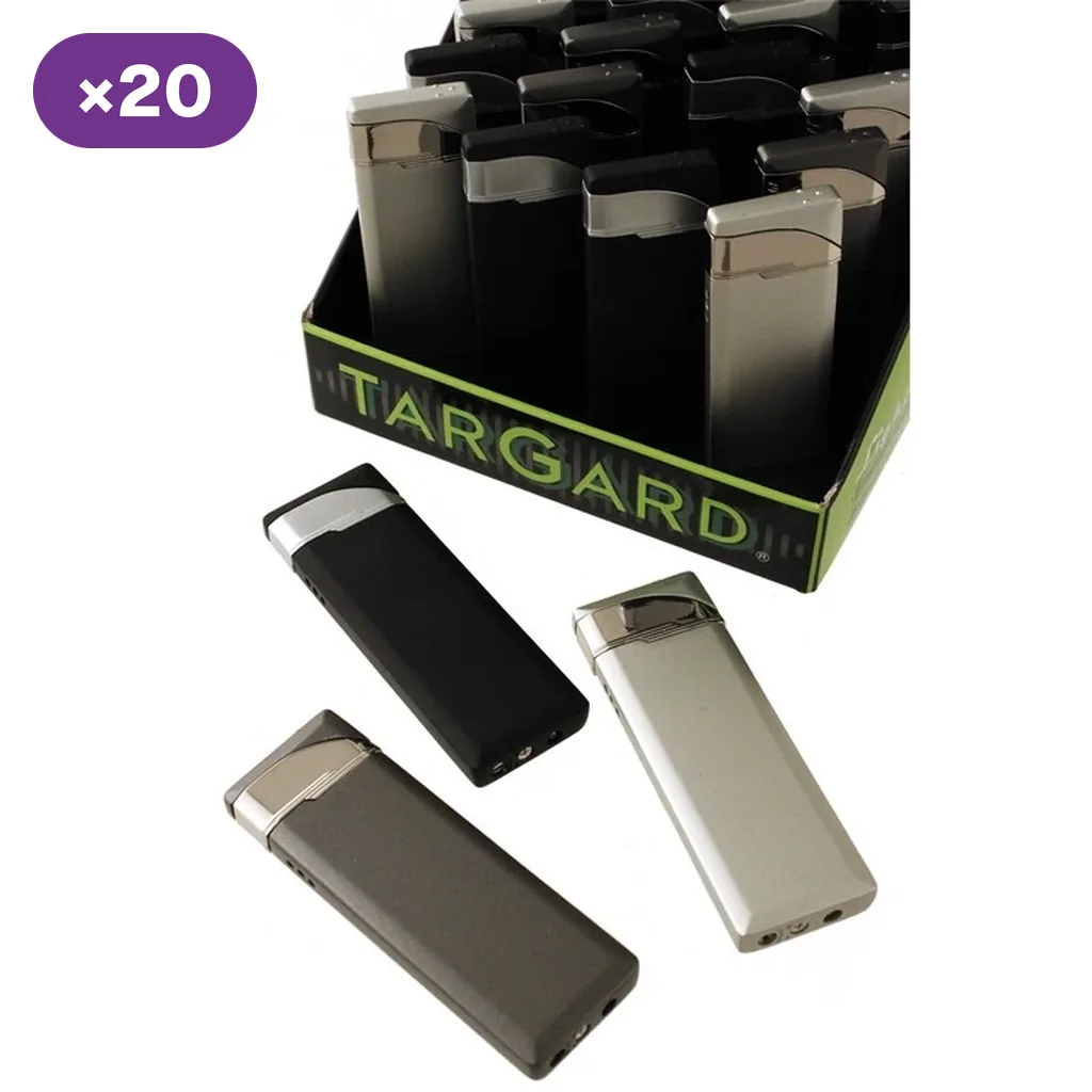 Selección de encendedores en negro y tonos metálicos, con varias unidades fuera del expositor TARGARD y distintivo de 20 unidades.