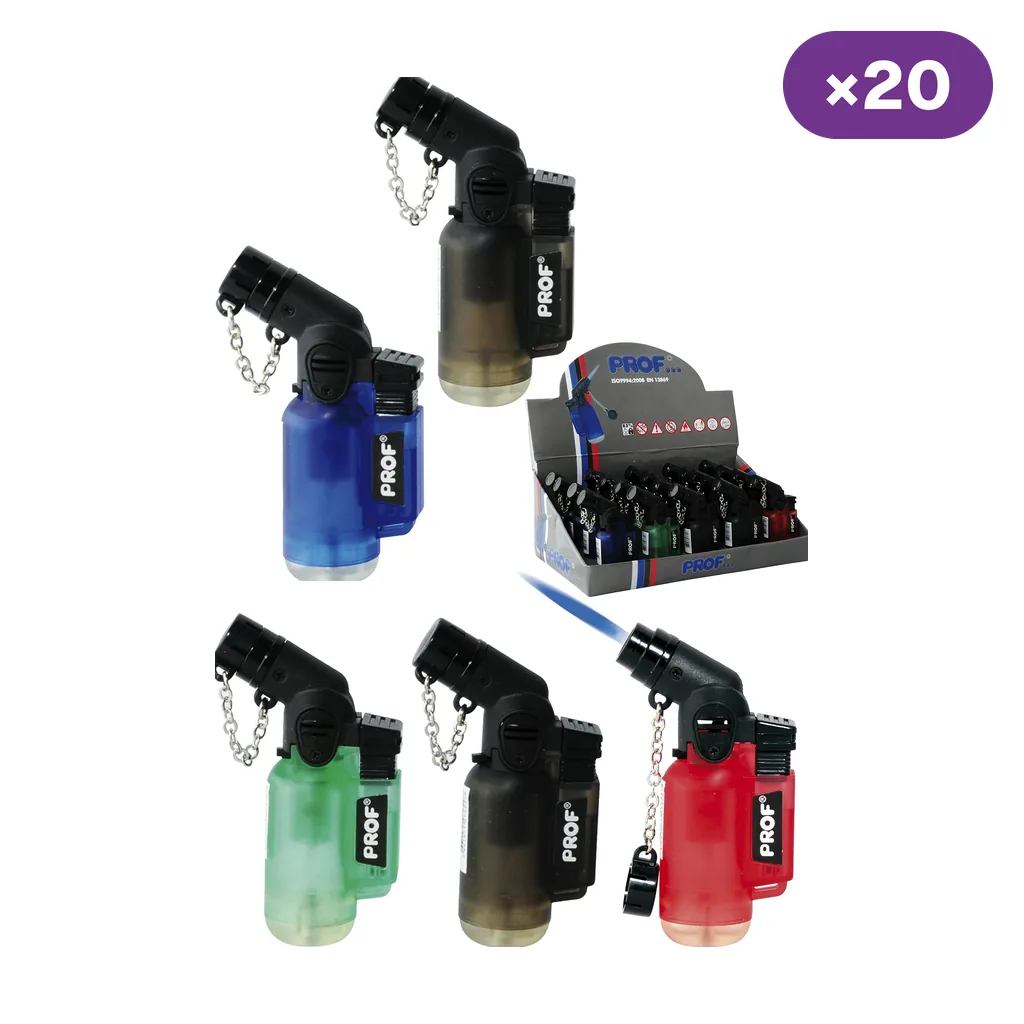 Encendedores turbo Prof en varios colores, con boquilla inclinada y tapón sujeto por cadena, junto a un expositor y el rótulo «×20».