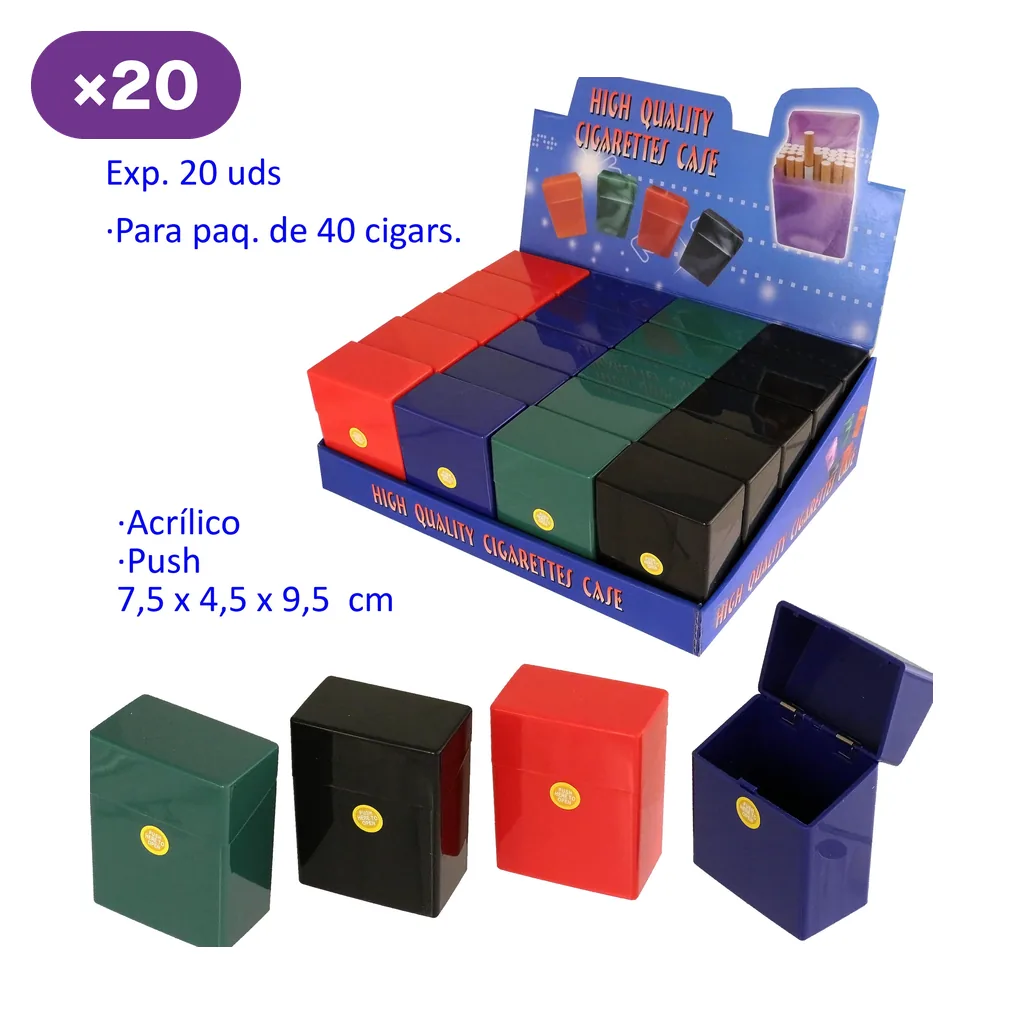Selección de tabaqueras rectangulares rojas, verdes, negras y azules en un expositor, con una unidad azul abierta en primer plano.
