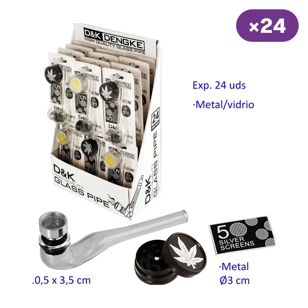 Expositor D&K Dengke con varios blísteres; delante aparecen una pipa transparente con cazoleta metálica, un grinder negro y un sobre de rejillas.