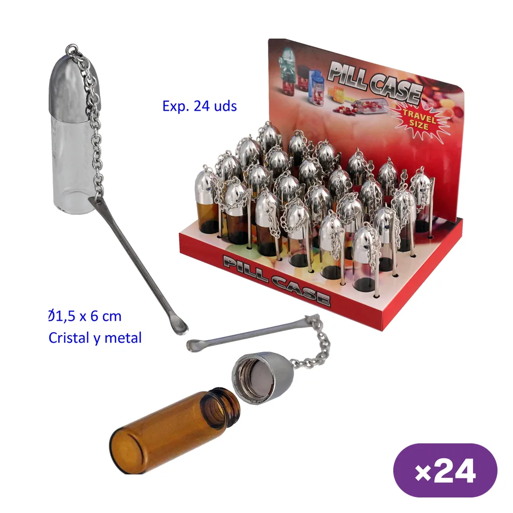 Botes de cristal transparentes y ámbar con tapa metálica, cadena y cucharilla, mostrados abiertos, cerrados y en expositor.