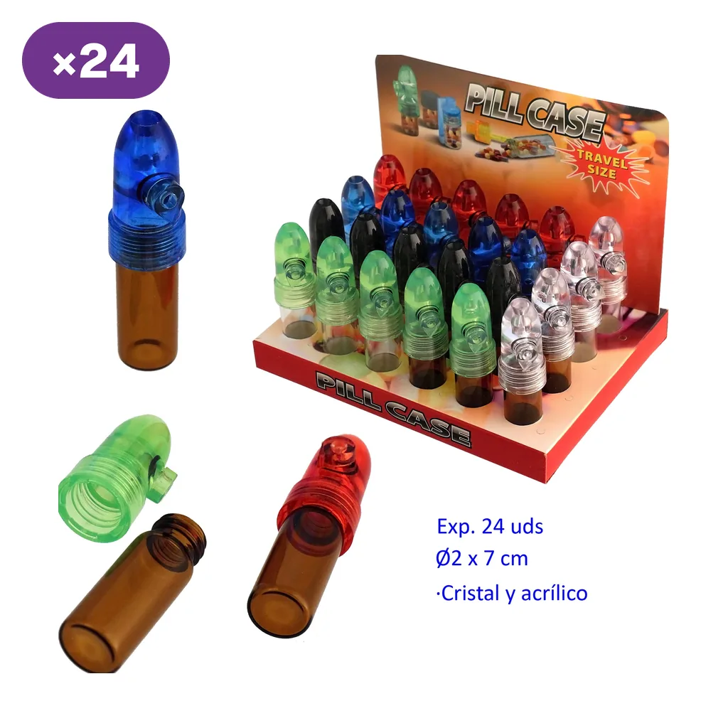 Expositor de 24 botes de cristal ámbar con tapones de forma de bala en varios colores; vistas abiertos y cerrados y medida de Ø2 × 7 cm.