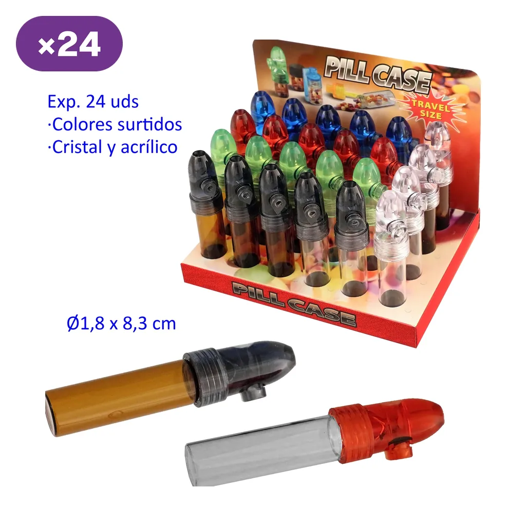 Expositor de botes de cristal de 1,8 cm de diámetro y 8,3 cm de largo, con tapas de colores surtidos y dos unidades ampliadas en primer plano.