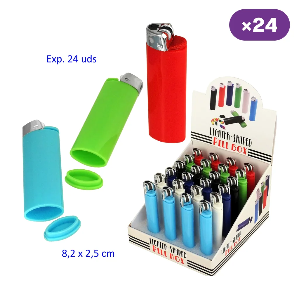Botes de ocultación con forma de encendedor en varios colores, dos con la base abierta, junto a un expositor de 24 unidades. Botes de ocultación con forma de encendedor en varios colores, dos con la base abierta, junto a un expositor de 24 unidades.