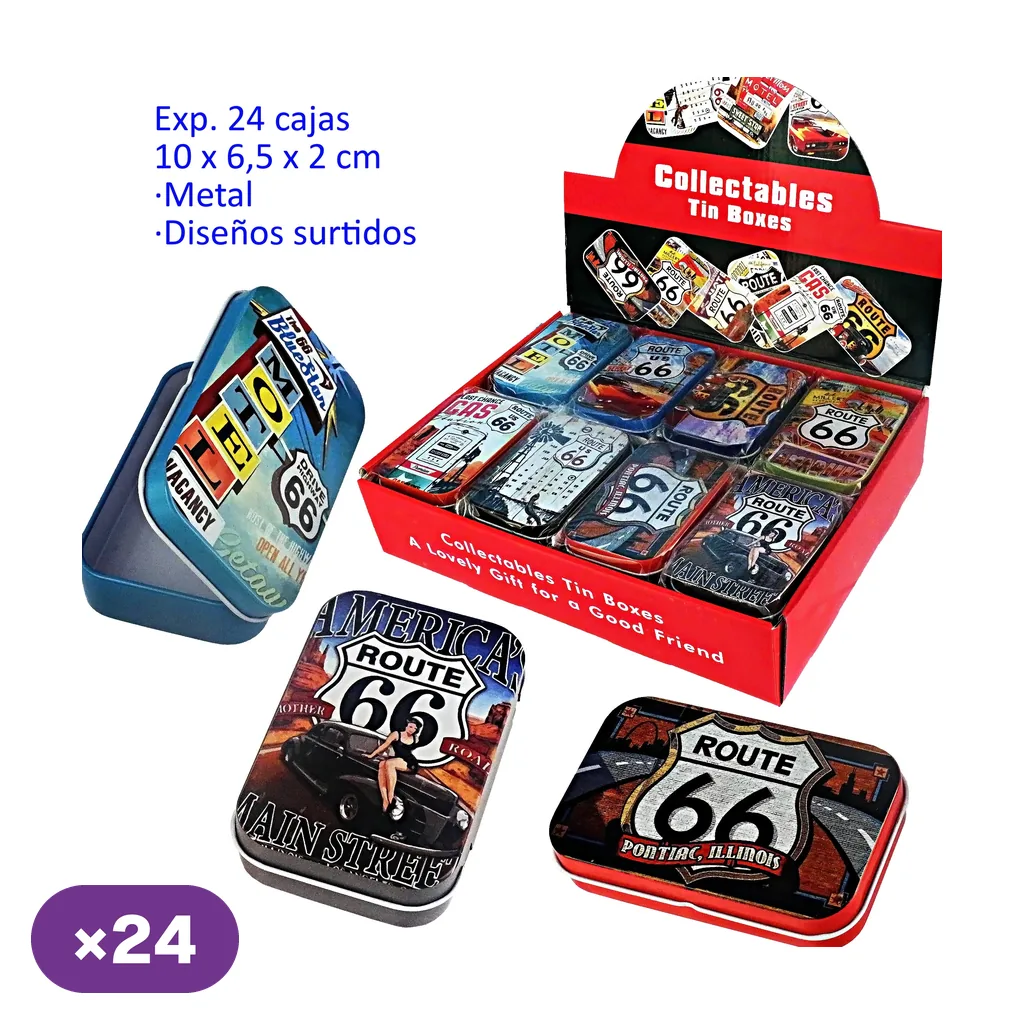 Selección de cajitas metálicas de 10 × 6,5 × 2 cm con diseños de Route 66, en expositor rojo y con una unidad abierta.