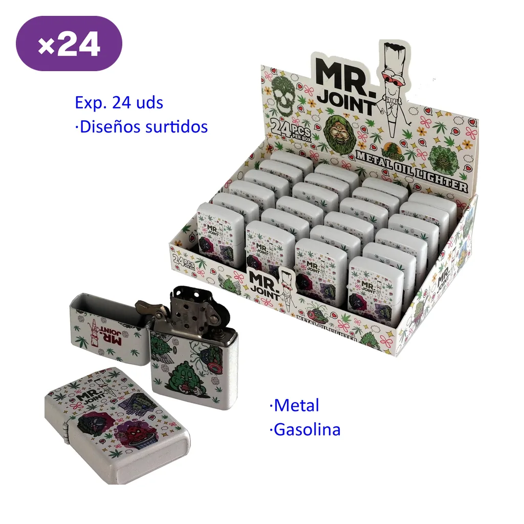 Expositor de encendedores Mr. Joint con diseños variados; en primer plano aparecen modelos cerrados y uno abierto con la mecha visible. Expositor de encendedores Mr. Joint con diseños variados; en primer plano aparecen modelos cerrados y uno abierto con la mecha visible.