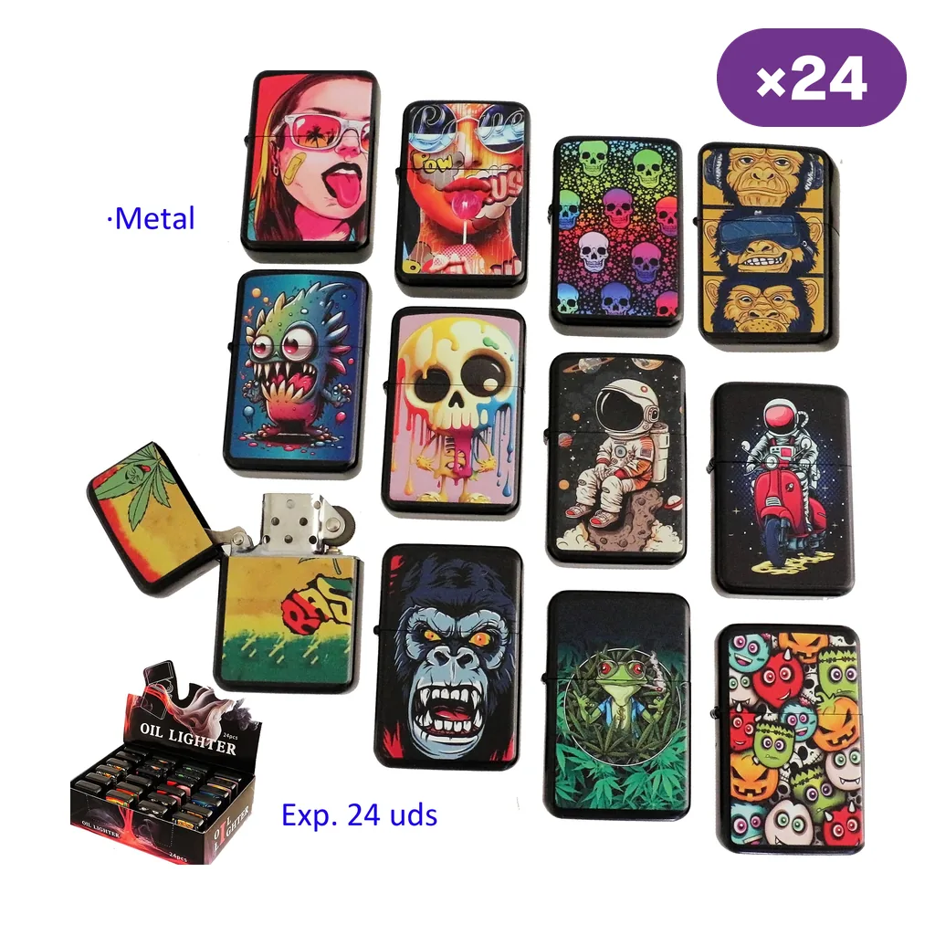 Selección de encendedores con diseños de calaveras, monos, astronautas y monstruos; uno abierto y un expositor rotulado con 24 unidades. Selección de encendedores con diseños de calaveras, monos, astronautas y monstruos; uno abierto y un expositor rotulado con 24 unidades.