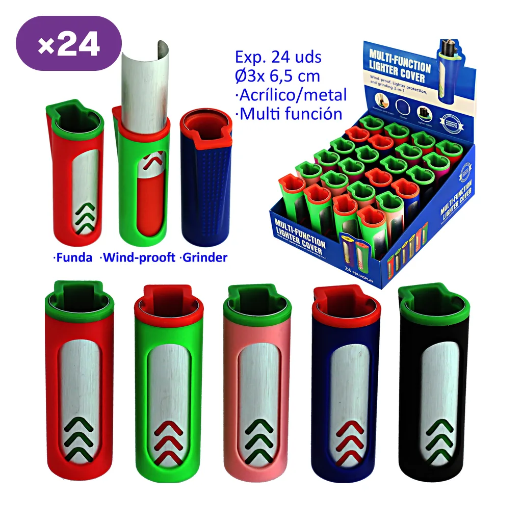Fundas para encendedor en varios colores, con panel plateado frontal, vistas de sus piezas y expositor marcado con 24 unidades.
